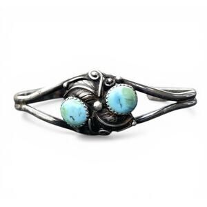 Navajo Sterling Silver Turquoise Cuff Double Stone Vintage Southwest Bracelet